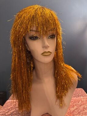 Metallic Gold Tinsel Wig with Layered Bangs - Shiny Gold